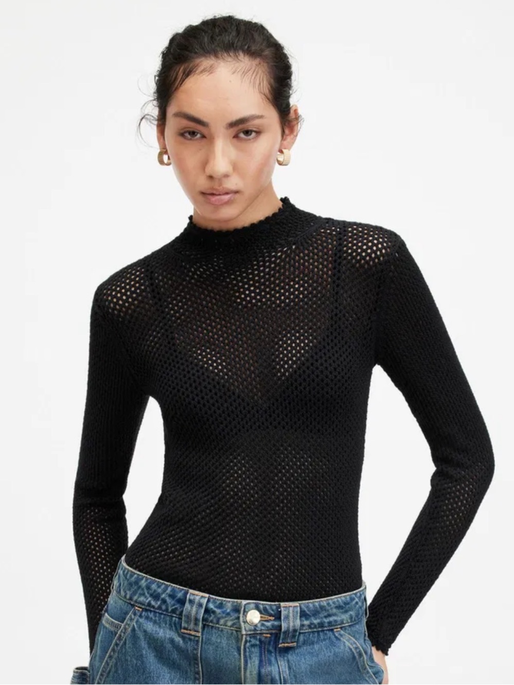 AllSaints Avril Roll Neck Open Stitch Jumper in black. Long-Sleeve Top. Rave. 4